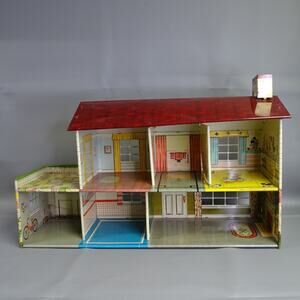 Tin Litho 1950's Doll House Patio 2 Story Mickey Donald READ